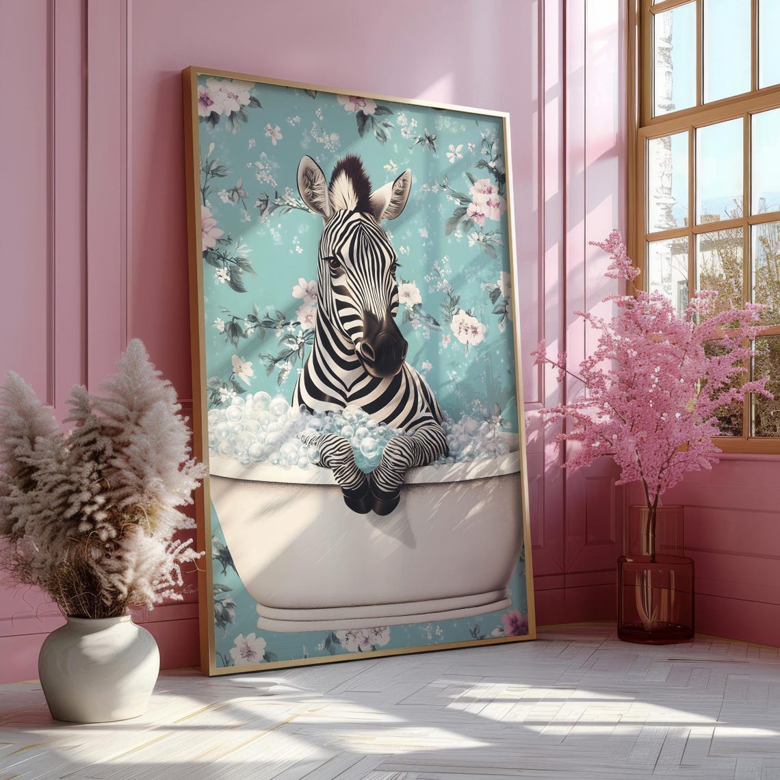 Zebra Relaxing in a Bubble Bath Against a Teal Floral Wallpaper Poster - Image 5