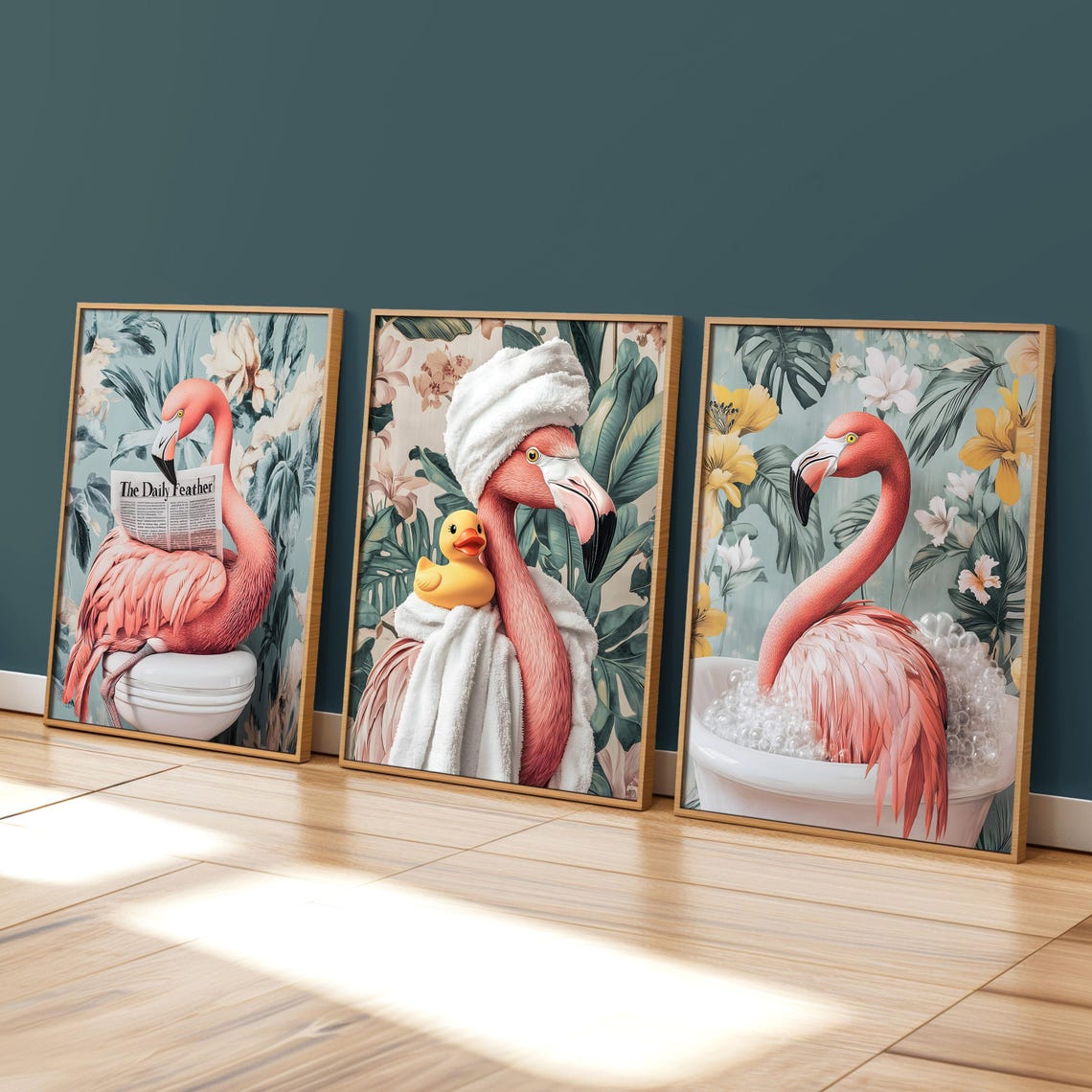 Flamingo Reading The Daily Feather on a Toilet Botanical Poster - Image 3