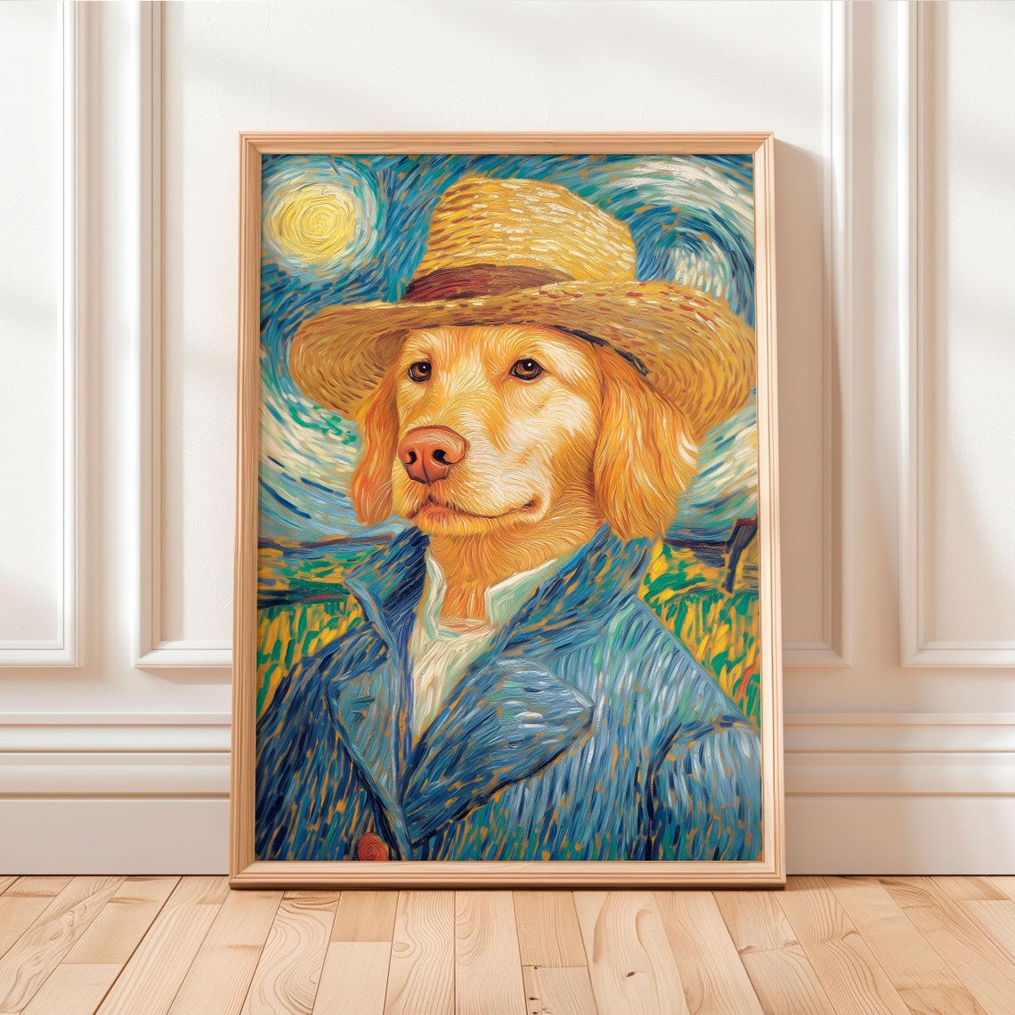 Golden Retriever Van Gogh Straw Hat Self Portrait Parody Art Poster
