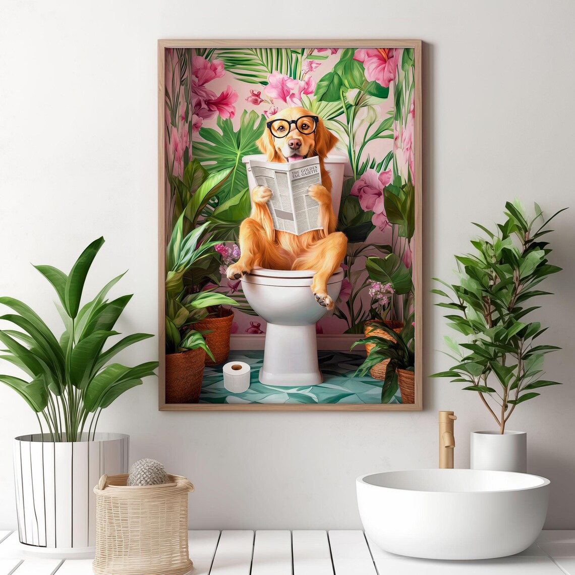 Golden Retriever With Glasses Reading the Paper on a Toilet Poster - Image 2