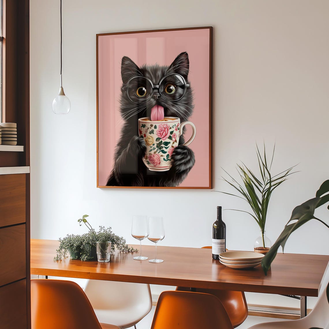 Fluffy Black Kitten Wearing Glasses Licking a Floral Teacup Poster - Image 4