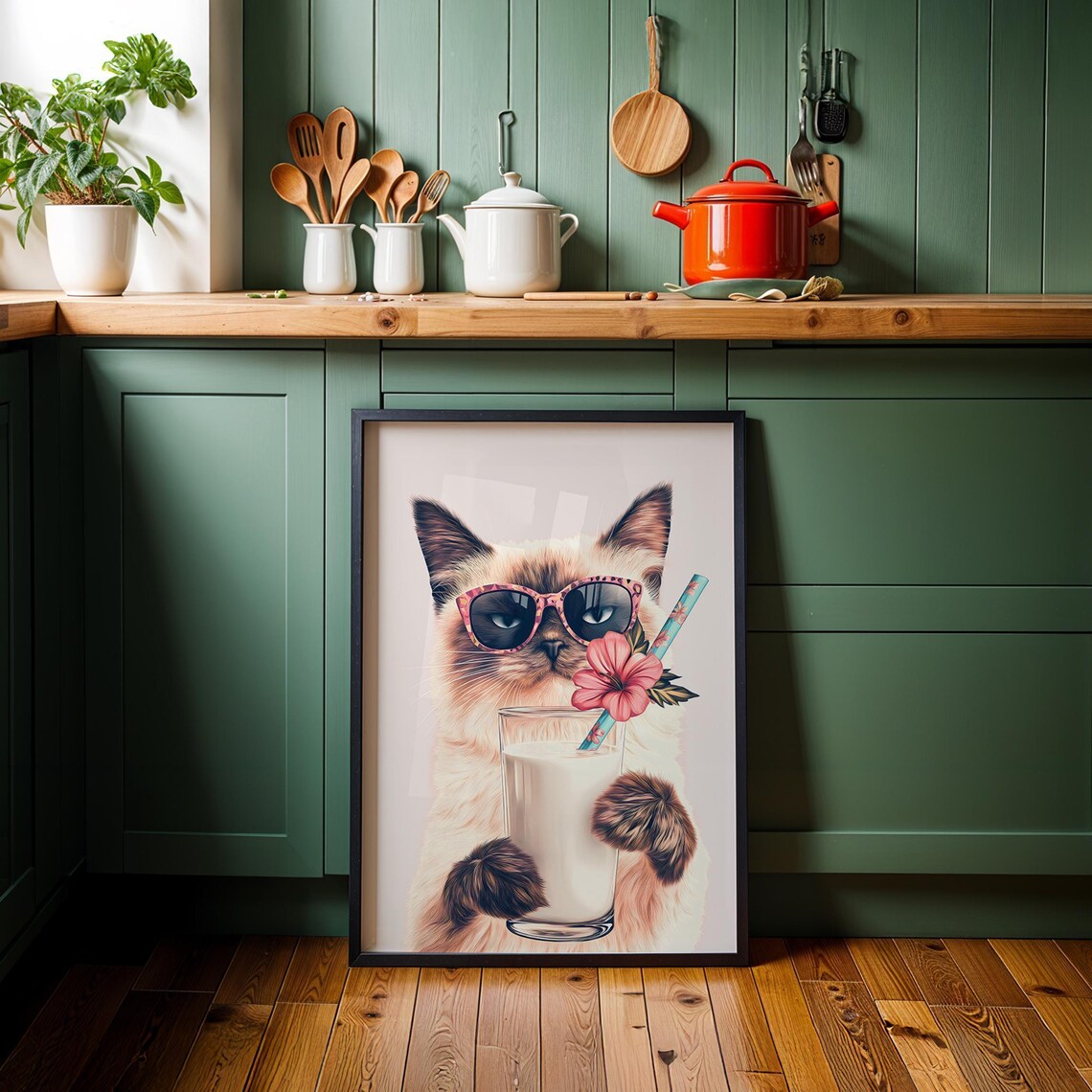 Siamese Cat in Sunglasses Holding a Glass of Milk With Flowers Poster - Image 3