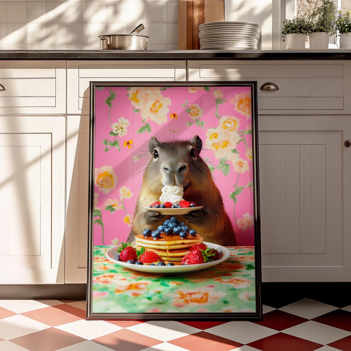 Capybara Holding Berry Pancakes With Cream Floral Kitchen Poster - Image 2