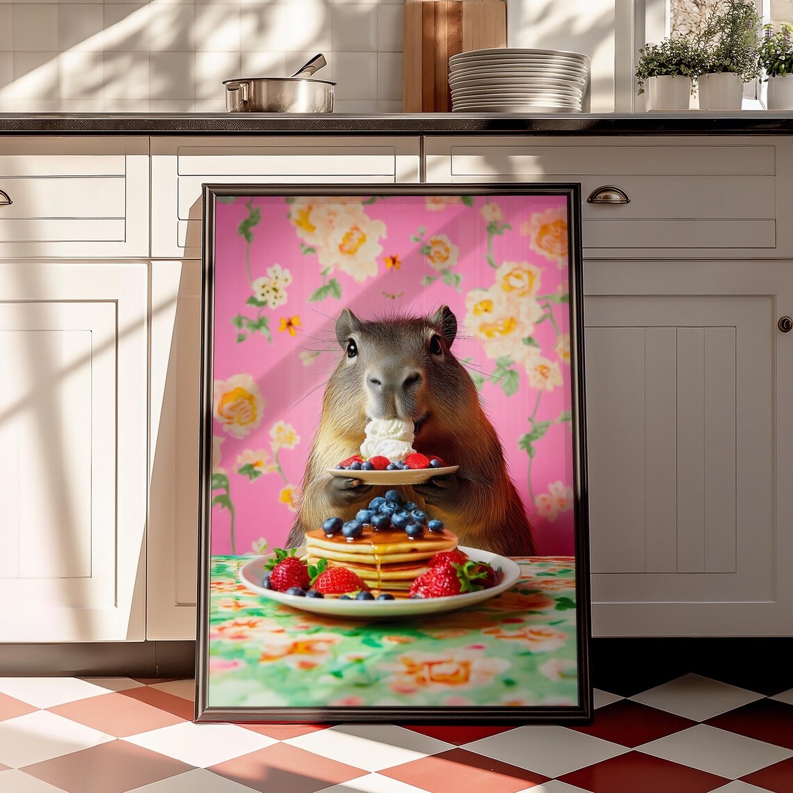 Cute Capybara Eating Pancakes Kitchen Wall Decor Maximalist Print Dopamine Wall Art Funny Kitchen Decor Humorous Housewarming Gift - Image 2