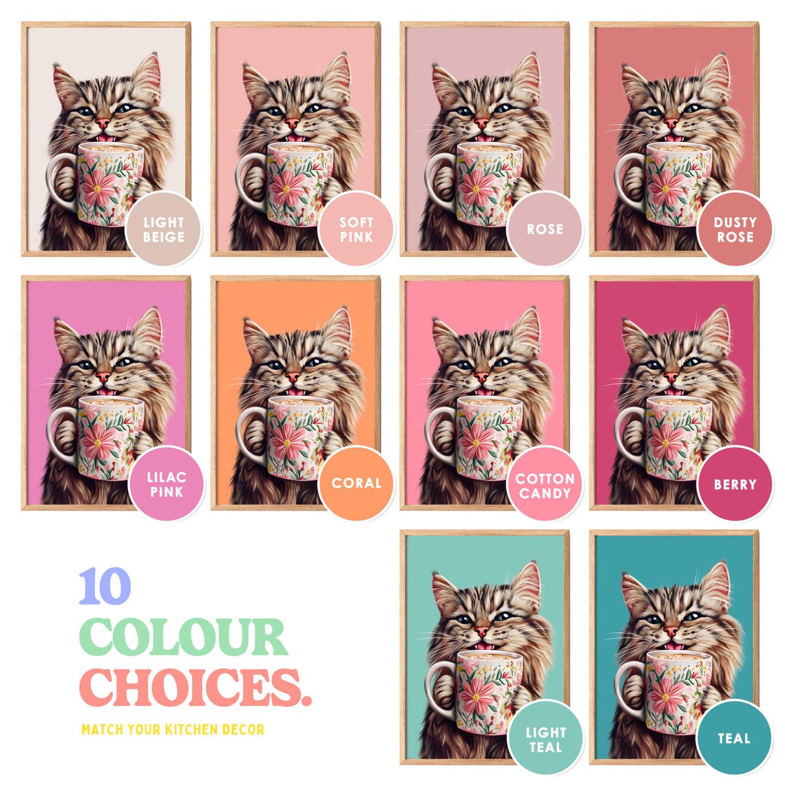 Smiling Tabby Cat Holding Floral Latte Mug On Blush Pink Poster - Image 5