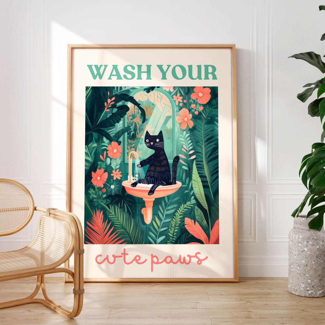 Wash Your Cute Paws Black Cat at a Sink Bathroom Reminder Poster