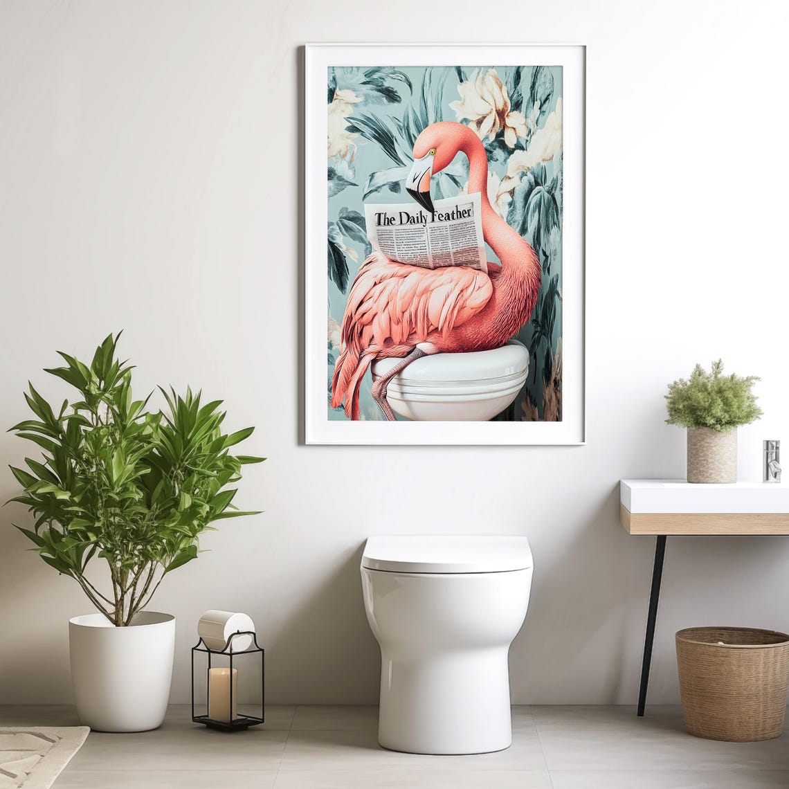 Flamingo Reading The Daily Feather on a Toilet Botanical Poster - Image 4