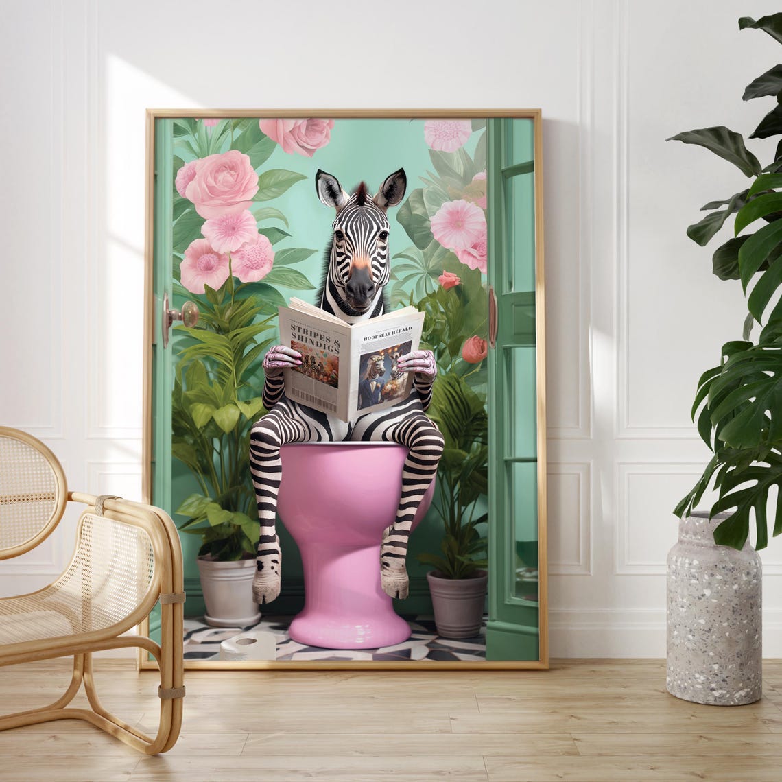 Zebra Reading the Paper on a Pink Toilet Botanical Bathroom Poster - Image 5