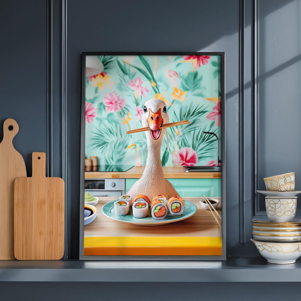 Goose With Chopsticks Eating Sushi in a Bright Kitchen Poster - Image 5