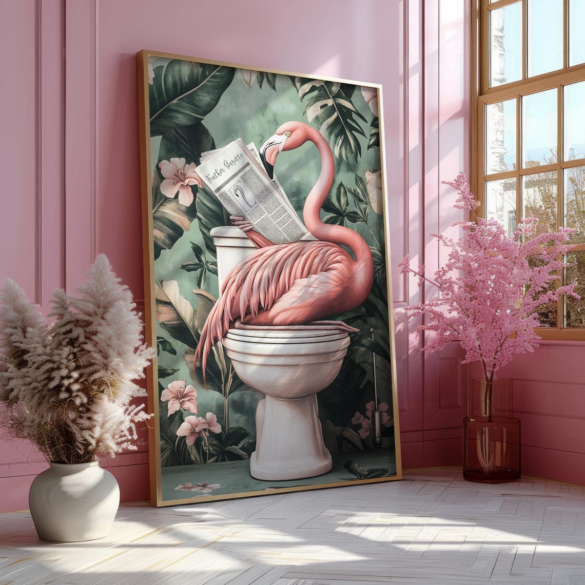 Flamingo on a Toilet Reading the Feather Gazette Bathroom Poster - Image 5