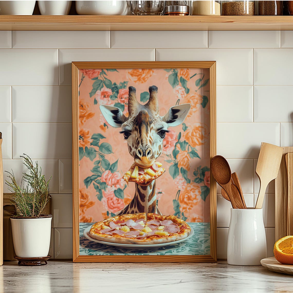 Giraffe Eating a Slice of Pepperoni Pizza Floral Kitchen Poster - Image 6