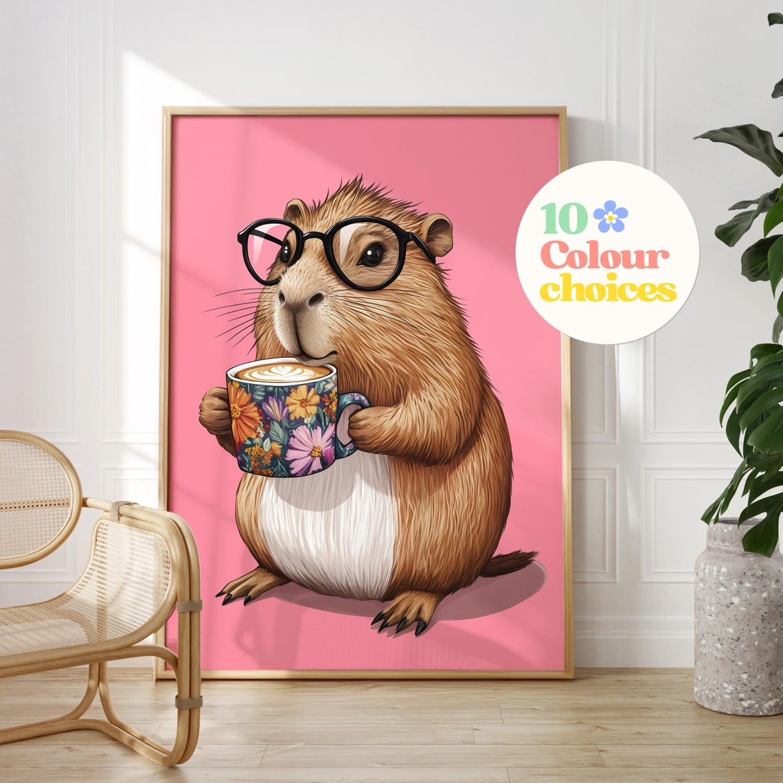Capybara Wearing Glasses Holding Floral Coffee Mug On Pink Poster