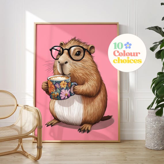 Capybara Drinking Coffee Wall Art Coffee Lover Print Capybara Gift Funny Capybara Poster Dining Room Kitchen Wall Decor Trendy Print