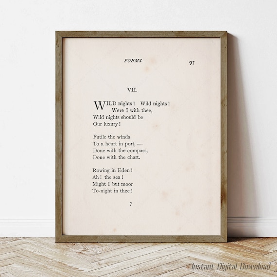 Emily Dickinson Wild Nights Poem Page Vintage Poetry Book Wall Art Print