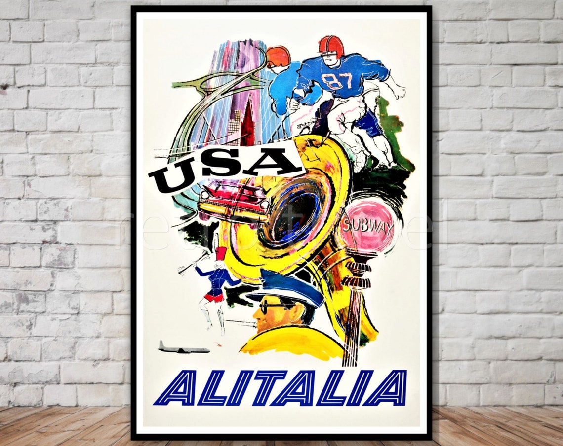 Alitalia Usa Travel Poster Instant Italian Airline Poster Usa Poster Retro Travel Print Football Poster Subway
