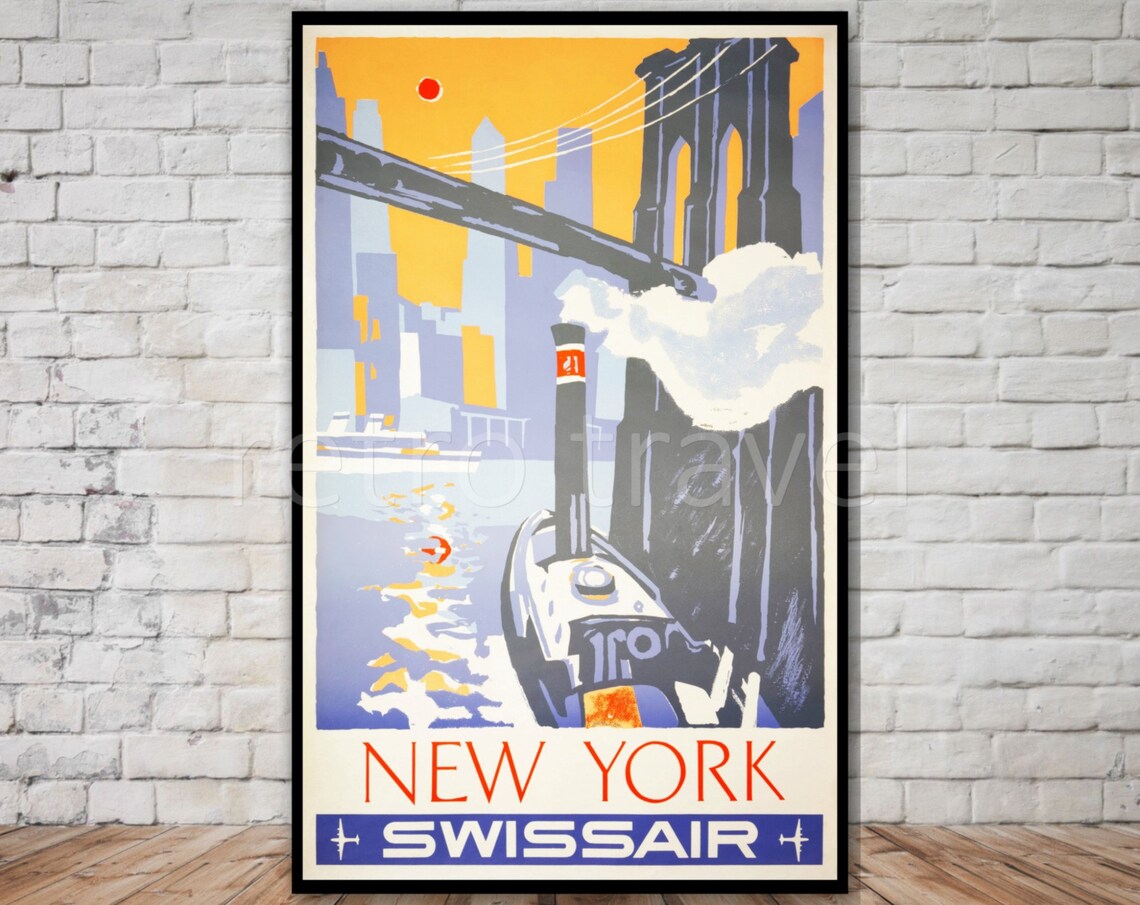 Swissair New York Vintage Travel Poster, Wall Art Print