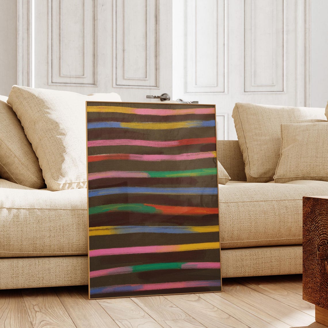 Colorful Brushstroke Stripes on Dark Abstract Acrylic Wall Art