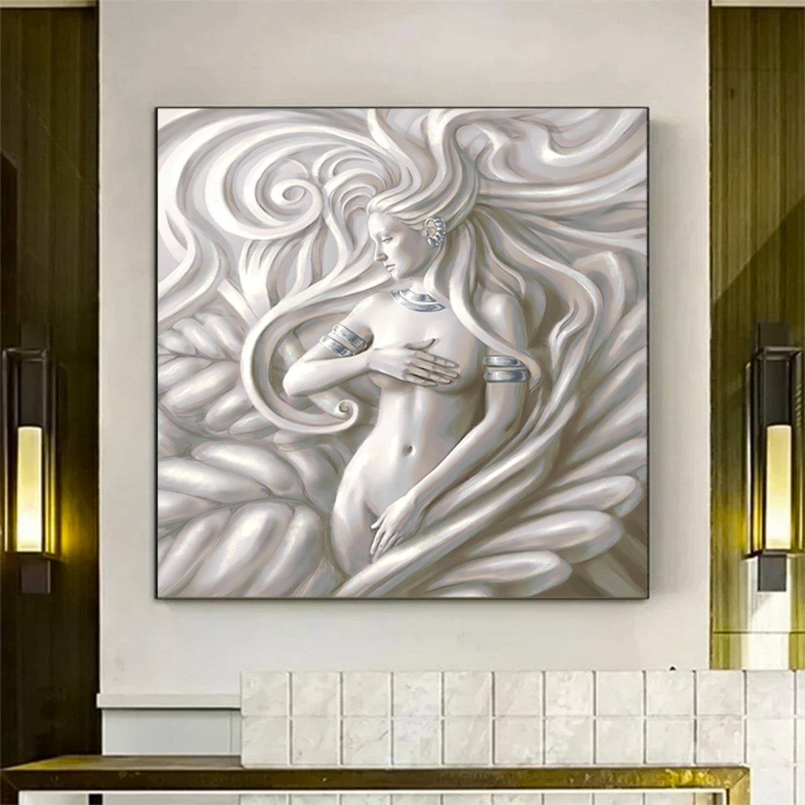 Marble Goddess White Sculpture Woman Flowing Hair Divine Art Print