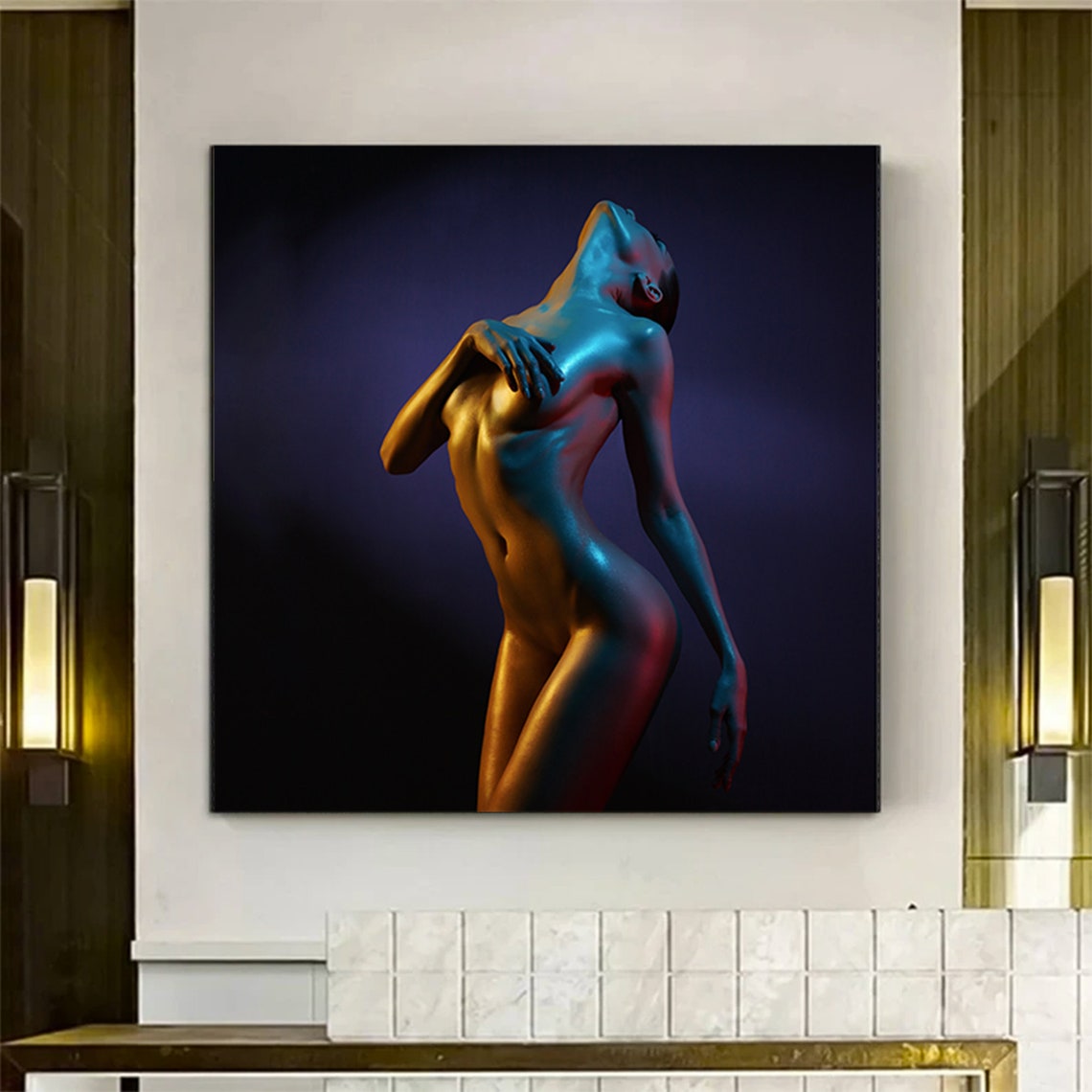 Nude Woman Neon Light Blue Orange Artistic Figure Body Poster