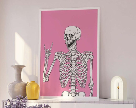 Skeleton Print Art Cute Pink Halloween Wall Decor Trendy Halloween Wall Art Spooky Season Poster