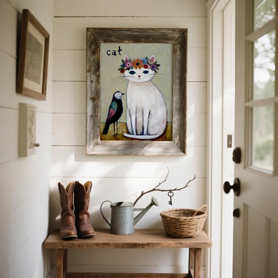 White Cat Flower Crown With Bird Folk Art Whimsical Kitty Poster