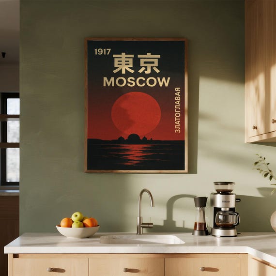 Revolutionary Dusk Moscow 1917 Art Russian History Print Minimalist Cityscape Vintage Travel Poster Bold Silhouettes Wall