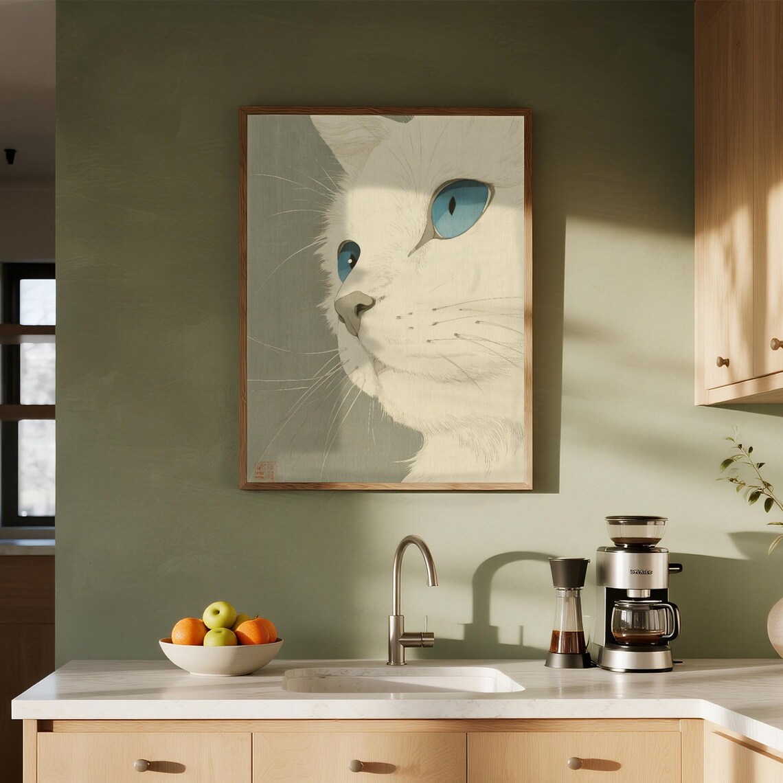 Elegant White Cat Blue Eyes Realistic Feline Portrait Poster