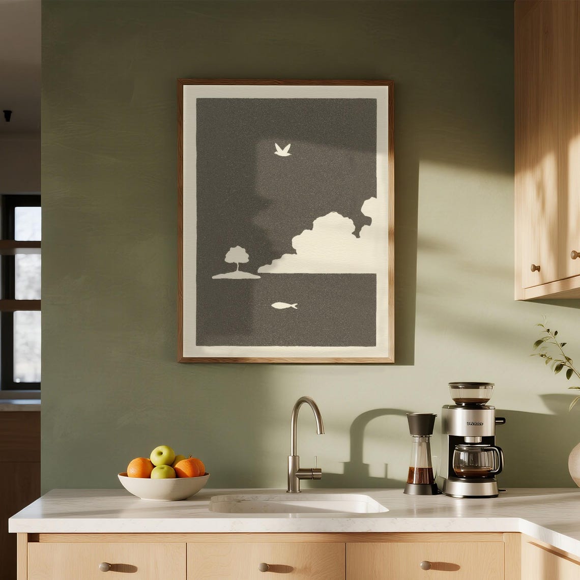 Minimalist Monochrome Silhouette Landscape With Bird Tree Fish Poster