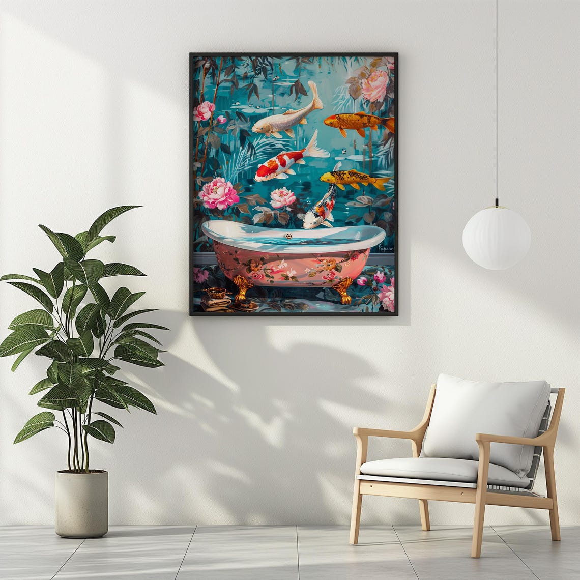 Koi Fish Leaping Toward a Pink Floral Bathtub Japanese Bathroom Poster - Image 3