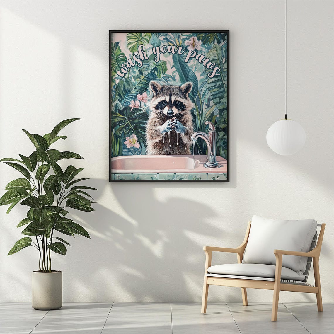 Wash Your Paws Raccoon At Pink Sink Funny Tropical Bathroom Poster - Image 2