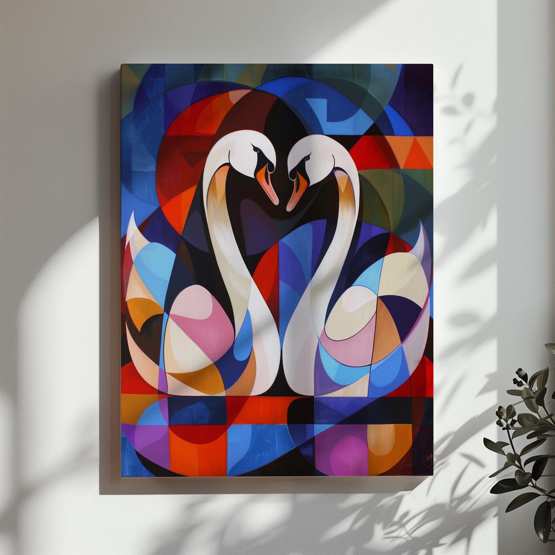 Two White Swans Forming a Heart in Colorful Cubist Mosaic Poster