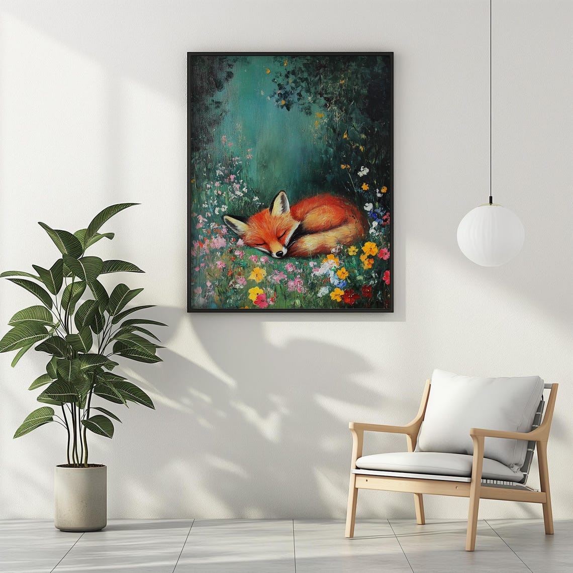 Fox Sleeping Wildflower Wall Art Oil Painting Floral Kids Room Nursery Wall Decor Cute Fox Lover Gift - Image 3