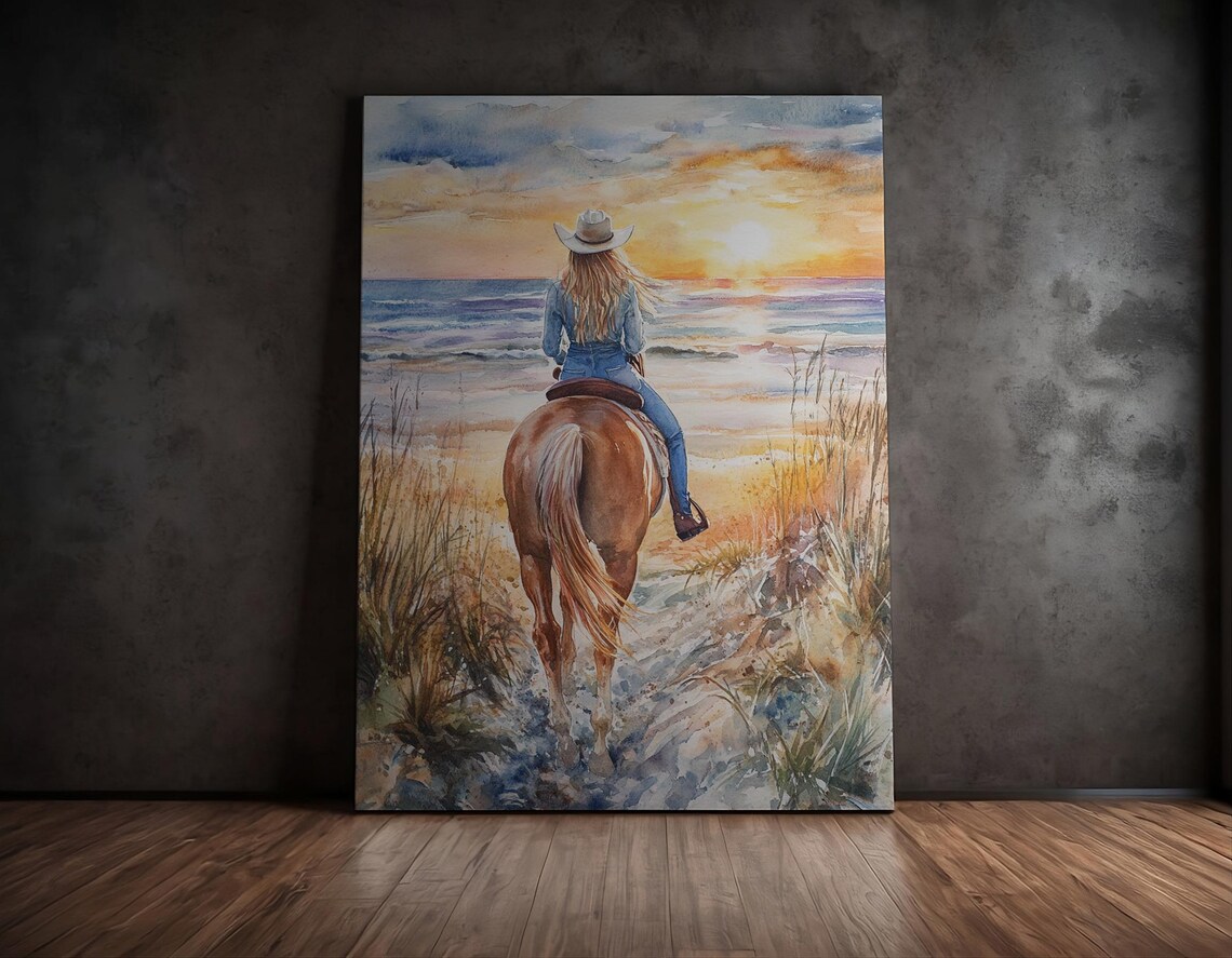 Cowgirl Riding Horse Into Ocean Sunset Watercolor Western Art Poster - Image 2