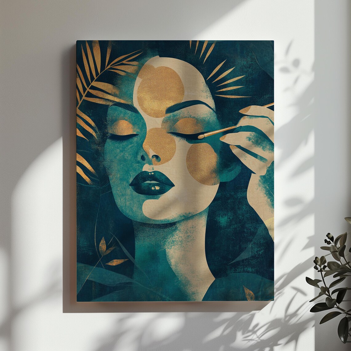 Art Deco Beauty Portrait With Gold Palm Fronds Teal Style Poster - Image 3