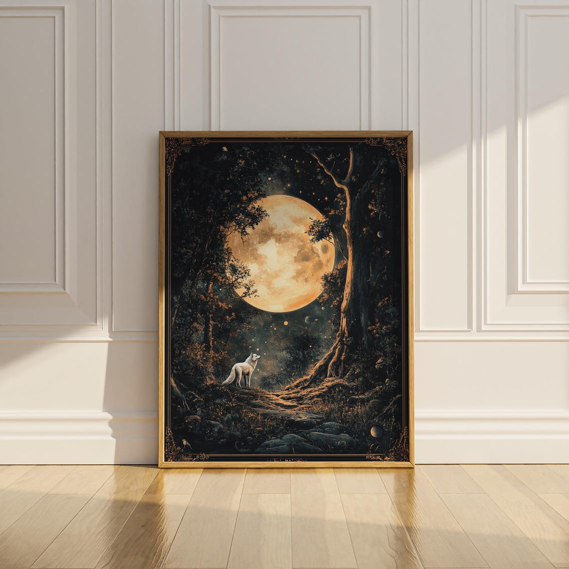 White Wolf under a Golden Full Moon in a Dark Forest Art Poster - Image 3