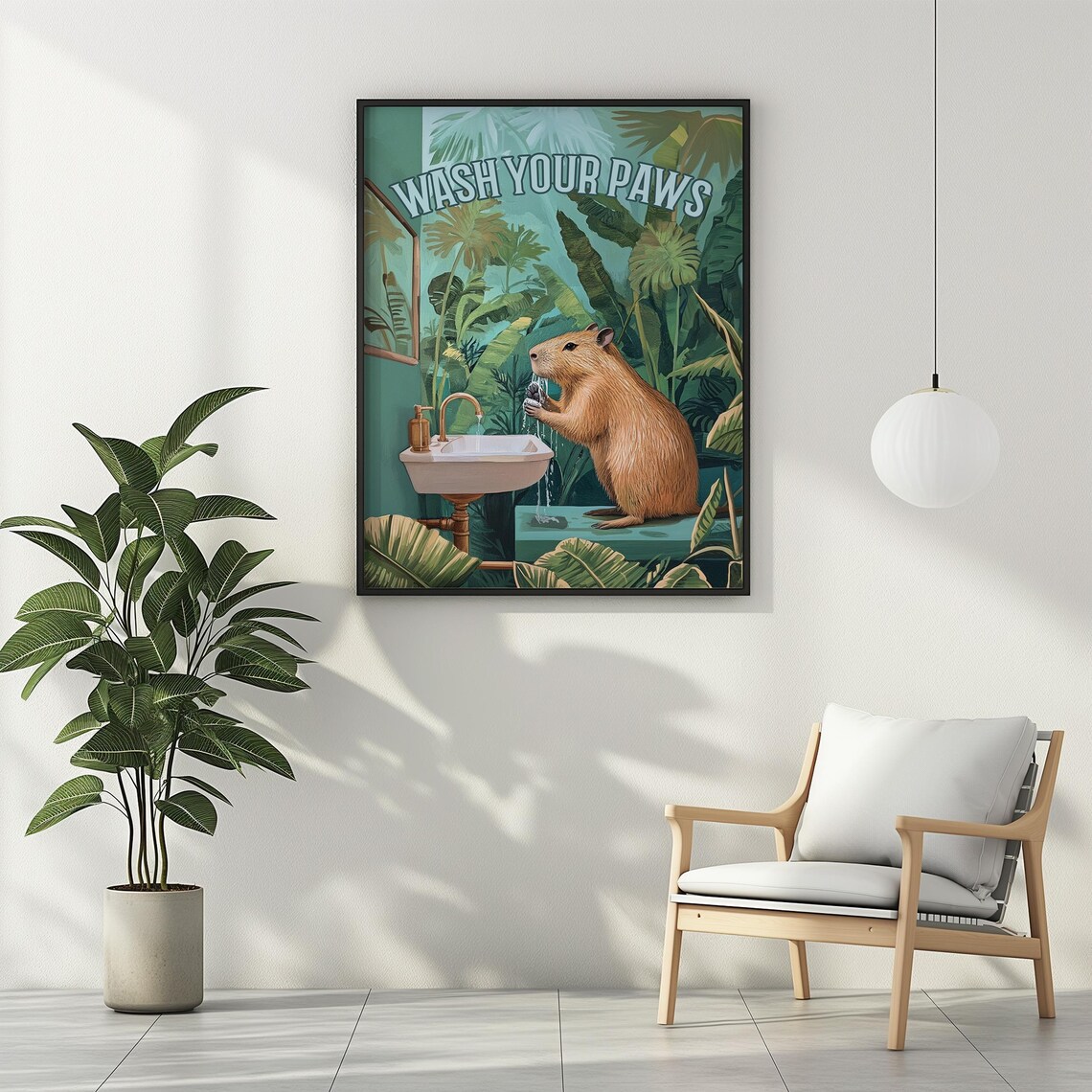 Wash Your Paws Capybara Bathroom Wall Decor Funny Capybara Wall Art Tropical Plant Botanical Toilet Sign Poster - Image 2