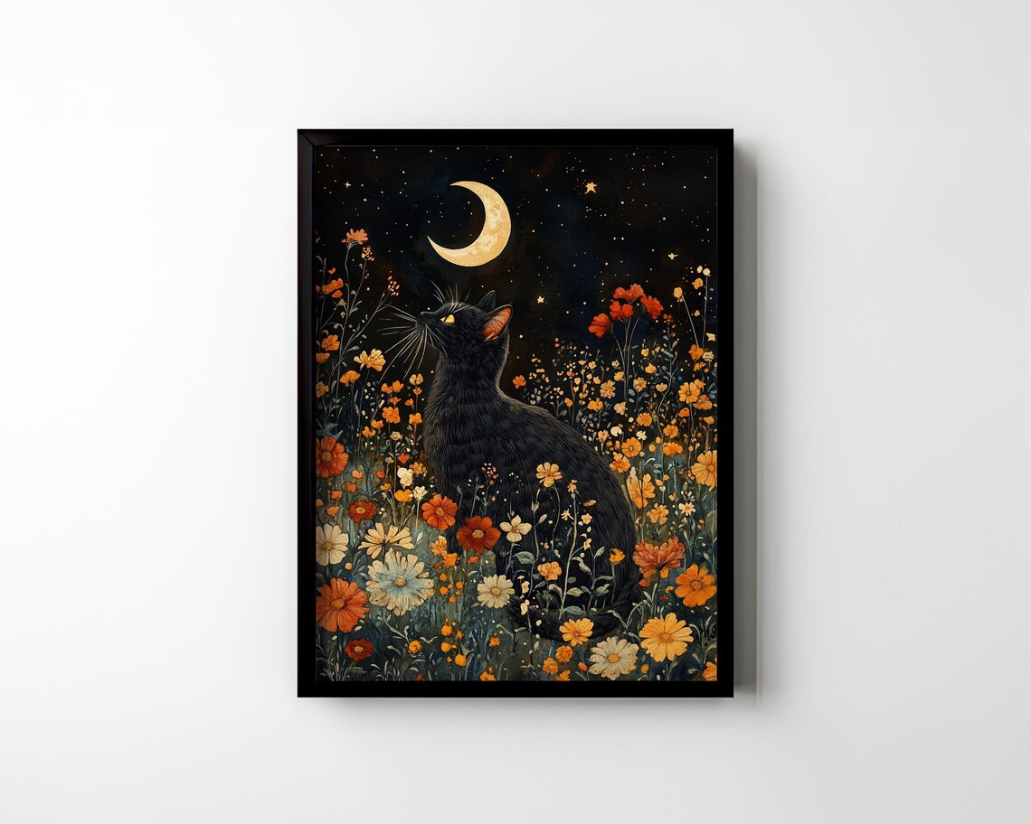 Black Cat Wildflower Crescent Moon Art Print - Image 2