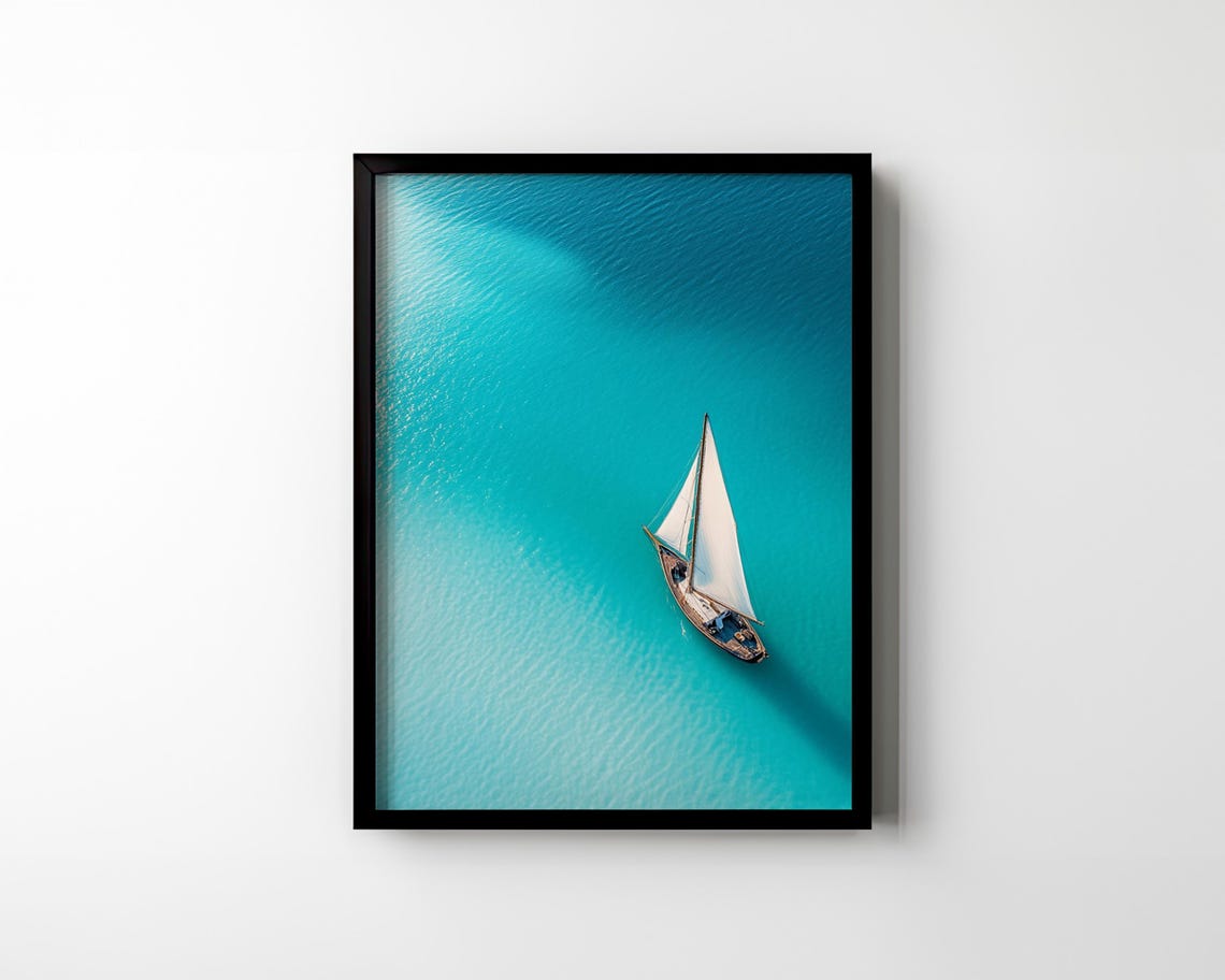 Lone Sailboat on Turquoise Sea Aerial Minimalist Sailing Poster - Image 2