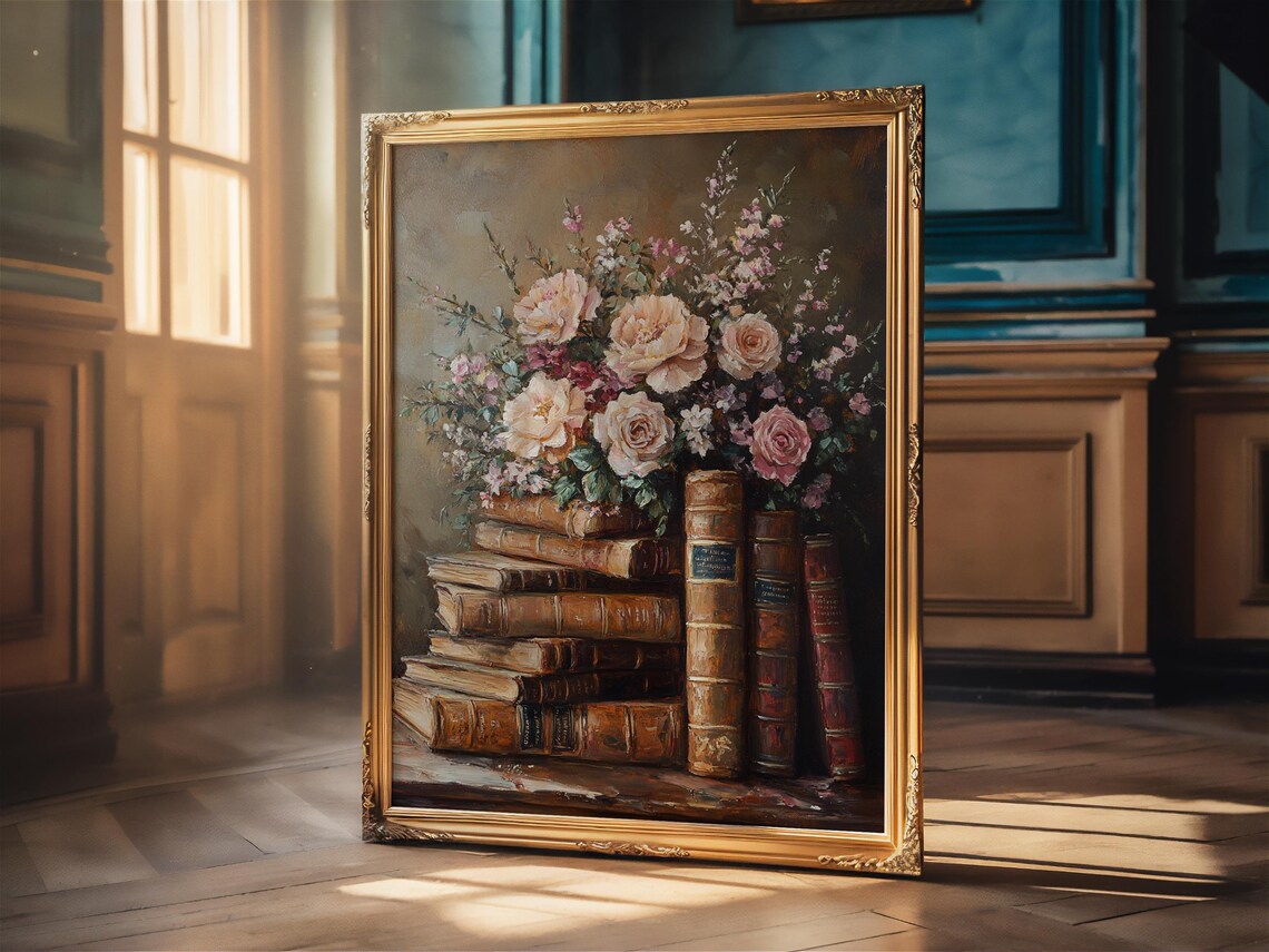 Books and Wildflowers Vintage Oil Painting Poster - Image 2