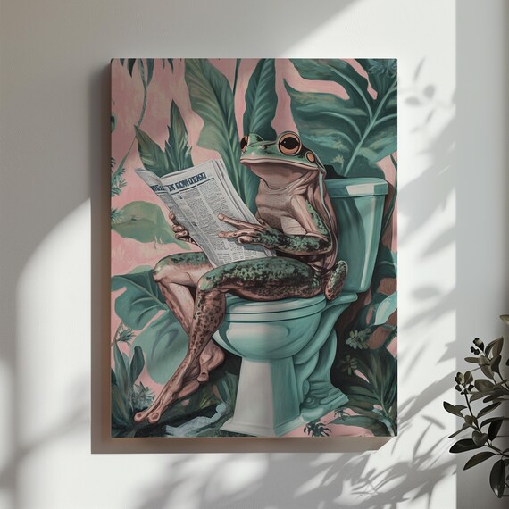 Frog Toilet Print Funny Frog Bathroom Wall Art Tropical Plants Dark Green Jungle Bathroom Toilet Restroom Wall Art Matte