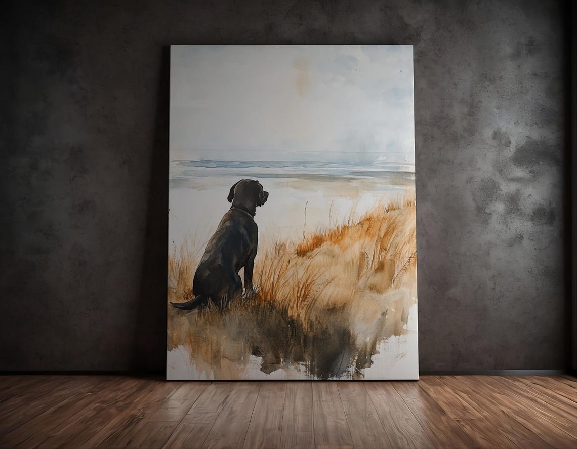 Black Labrador Watching Sea Coastal Dunes Watercolor Dog Art Poster - Image 2