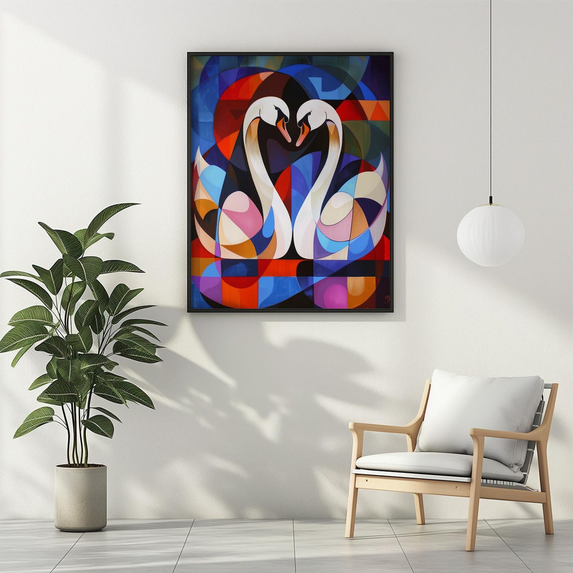 Two White Swans Forming a Heart in Colorful Cubist Mosaic Poster - Image 3