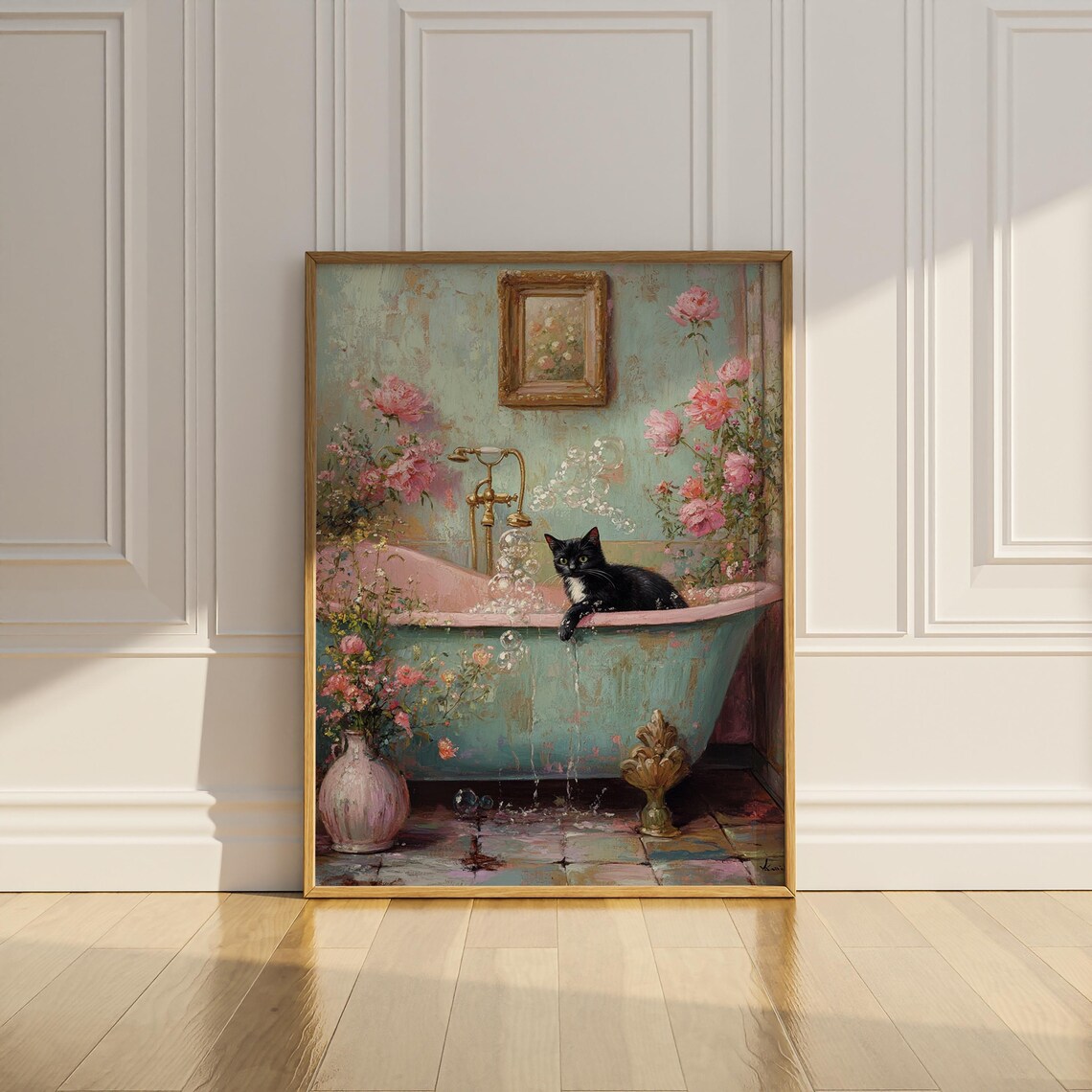 Cat Bathroom Wall Art, Vintage Black Cat in Bathtub - Image 3