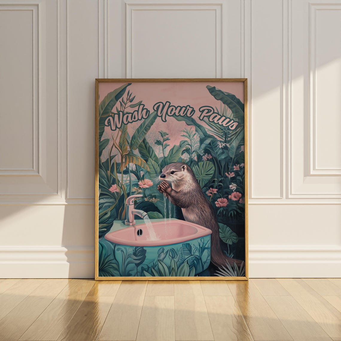 Cute Otter Wash Your Paws Pink Sink Funny Tropical Bathroom Poster - Image 2