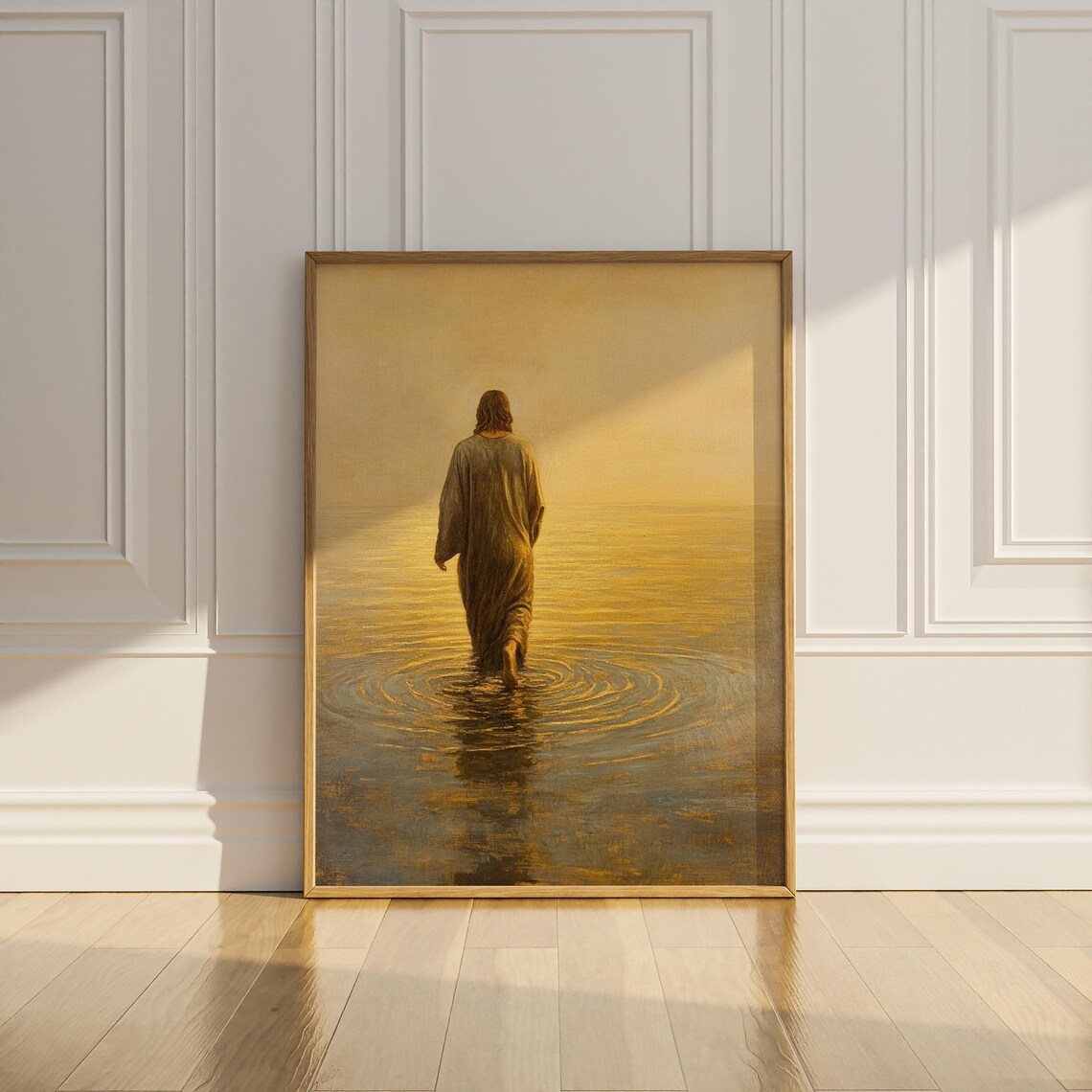 Jesus Walking on Shimmering Golden Water at Sunrise Faith Art Poster - Image 3