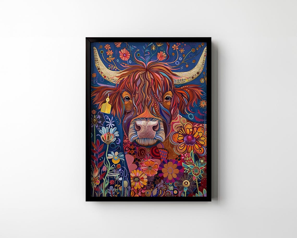 Colorful Folk Art Highland Cow With Flowers on Deep Blue Poster - Image 2