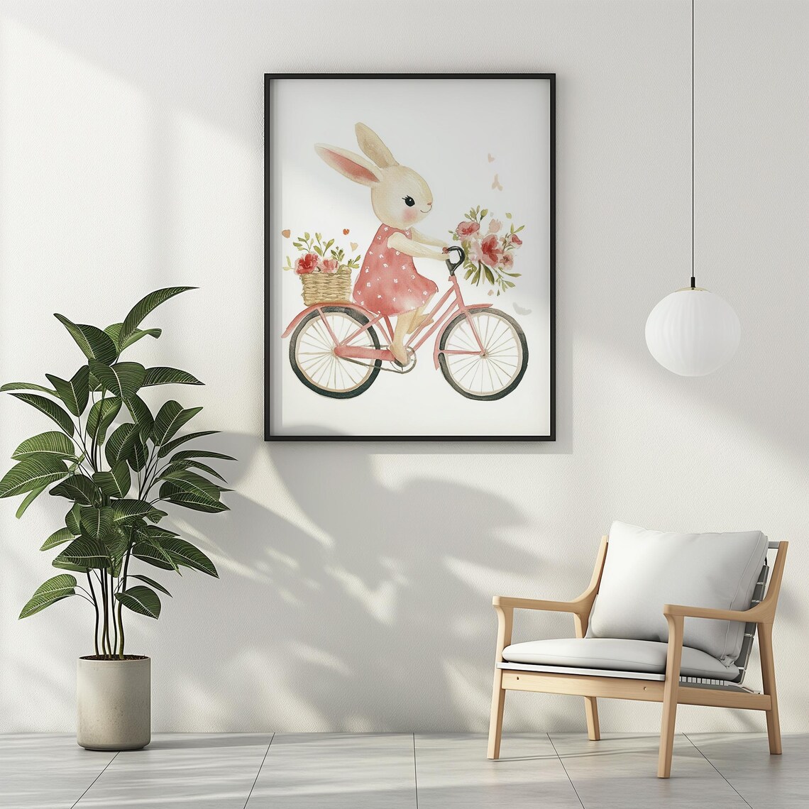 Sweet Bunny Riding Pink Bicycle With Flowers Girls Room Art Poster - Image 2