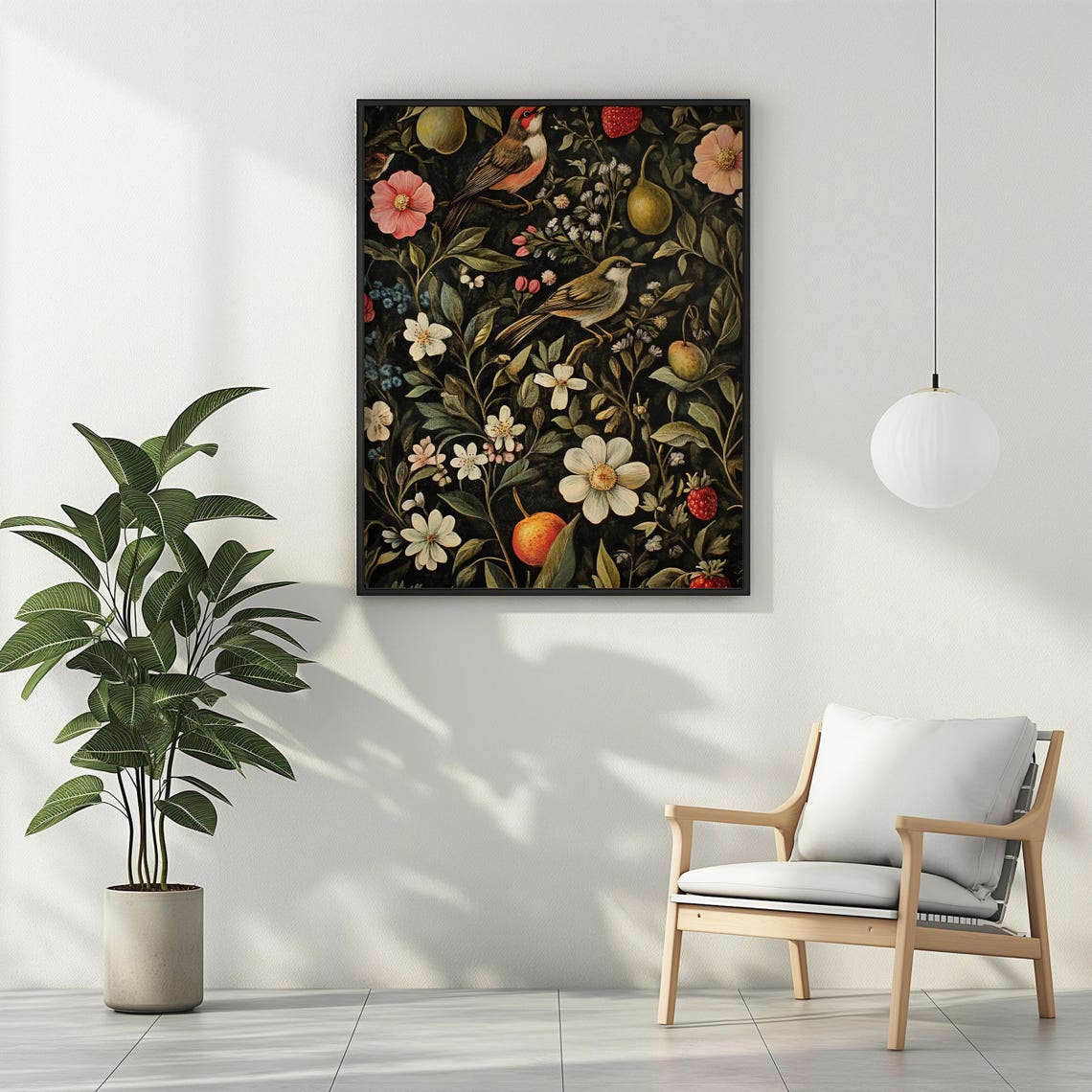 Songbirds Fruit and Wildflowers Dark Vintage Botanical Art Poster - Image 3