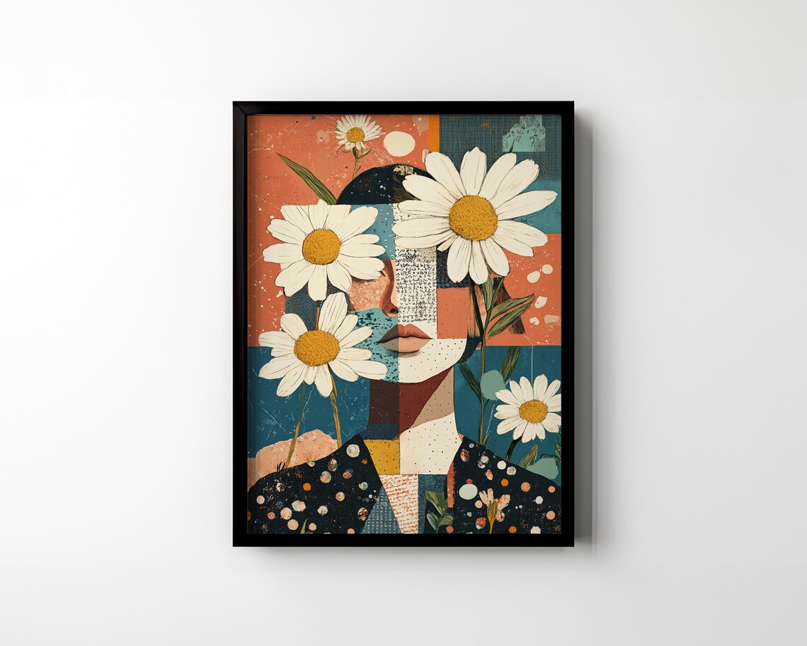 Woman with Daisy Flowers Abstract Collage Portrait Colorful Poster - Image 2