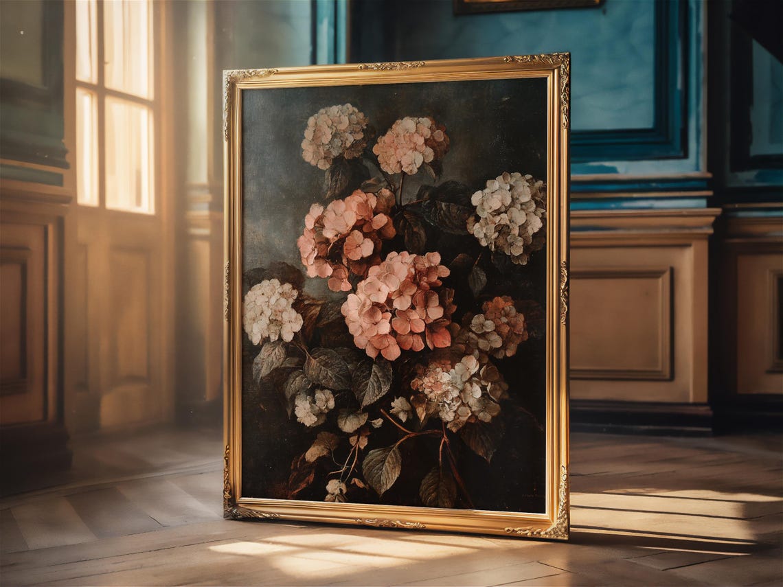 Hydrangea Bouquet Dark Moody Vintage Floral Oil Painting Still Poster - Image 3